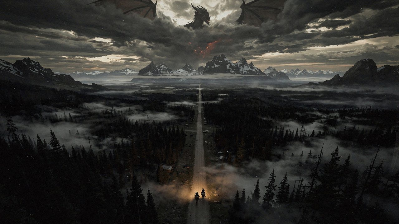 An ancient road cutting north through dark country, a dragon shadowed in the storm clouds above two riders